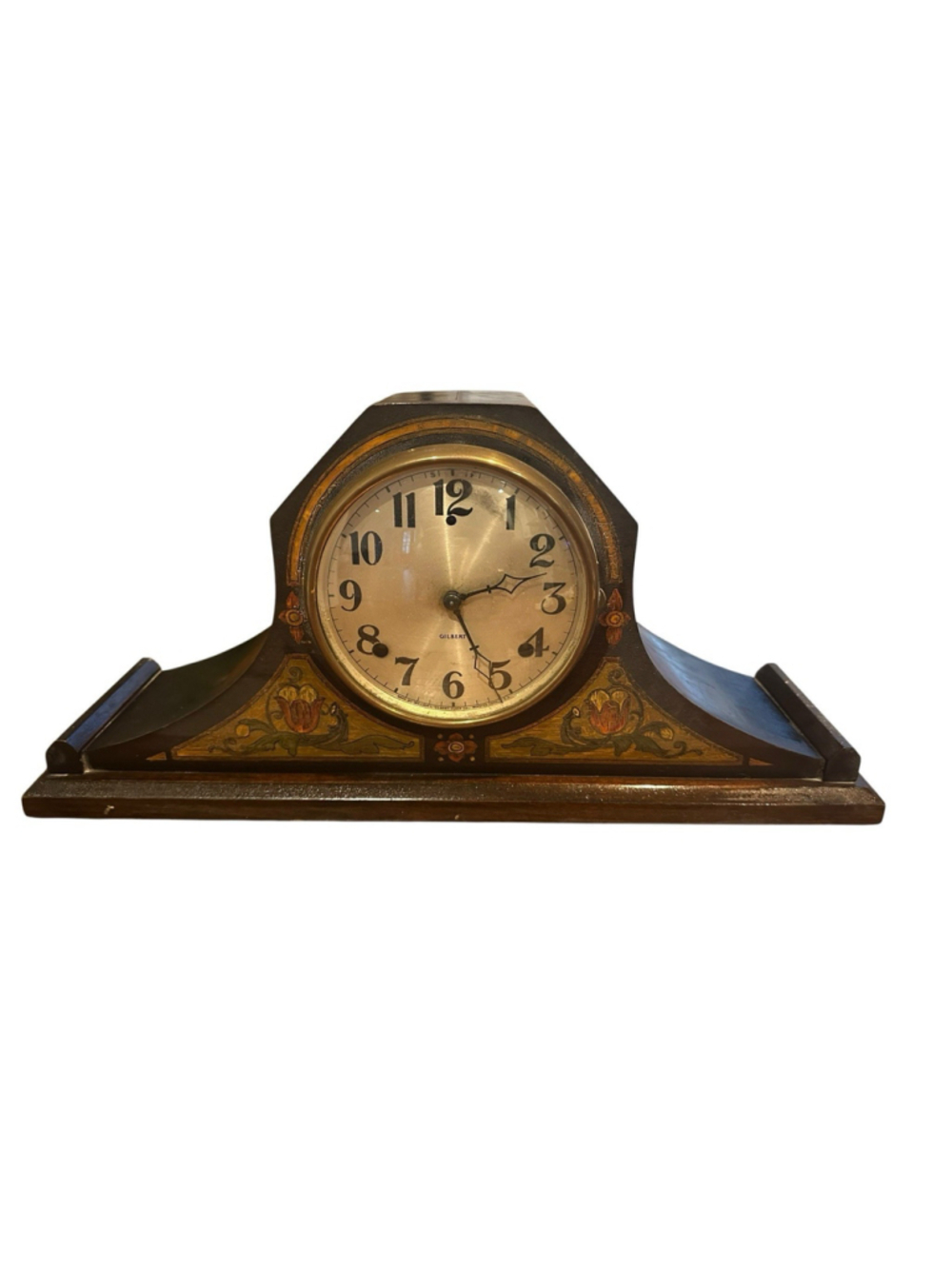 Antique Gilbert Mantel Clock Wooden Case Floral Art Deco Shelf Clock